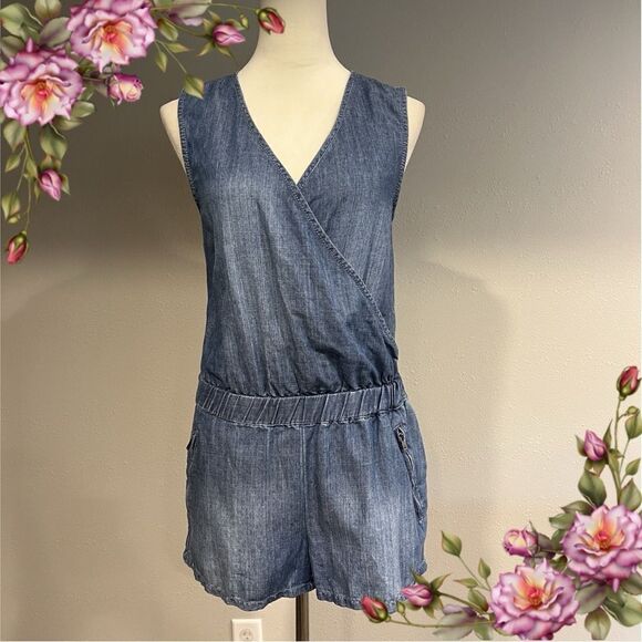 Poetic Justice denim fake wrap sleeveless short romper - Picture 1 of 12